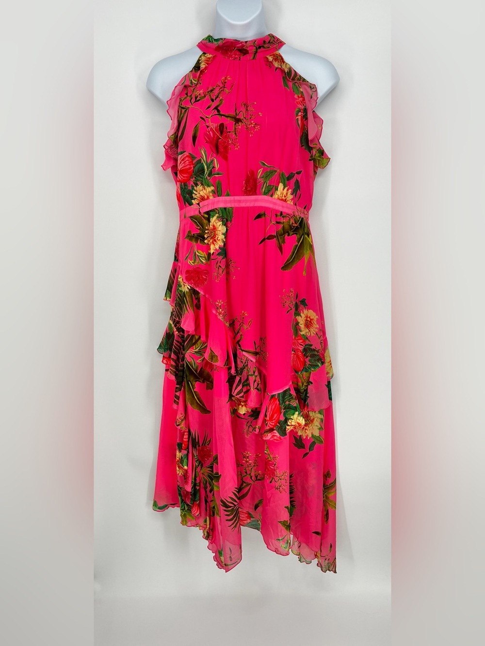 Alex Marie Fiona Halter Ruffle Chiffon Tropical Floral Maxi Dress Pink Size 14